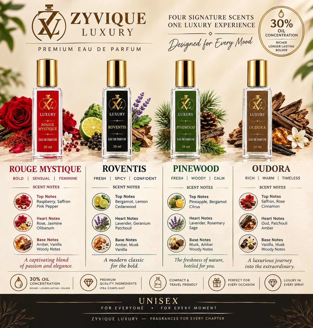 ZYVIQUE Unisex Perfume Gift Set — 4 × 20 ml
